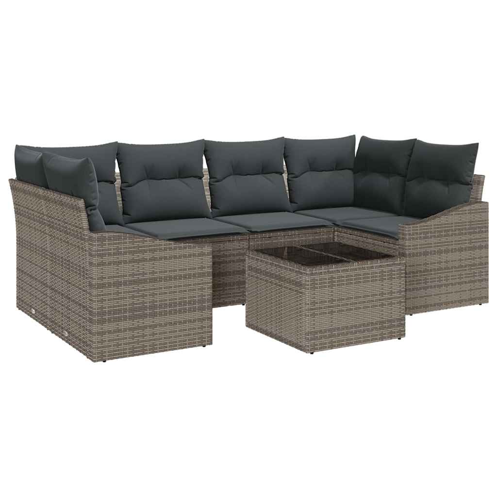 Garten-Sofa-Set 7 pcs Grau Poly-Rattan und Stahl und Glas